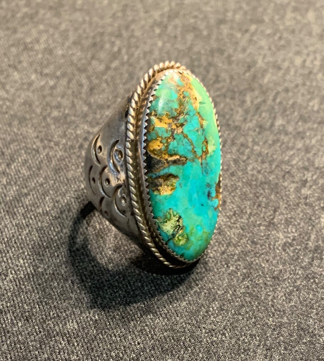 HEAVY VINTAGE NAVAJO STERLING SILVER TURQUOISE RING SIGNED 