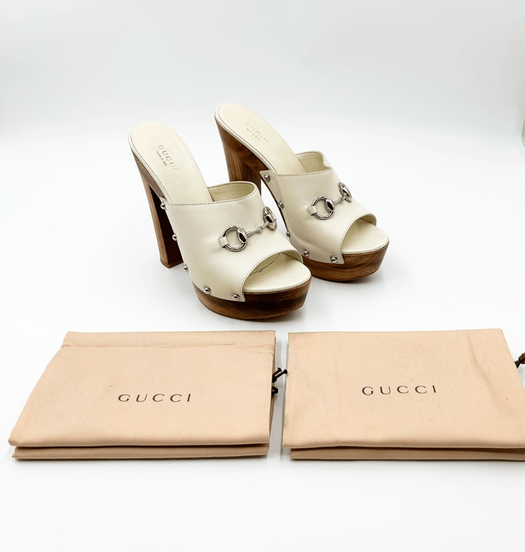 Gucci Horsebit White Mules Platform Leather Wooden Heels Sandals