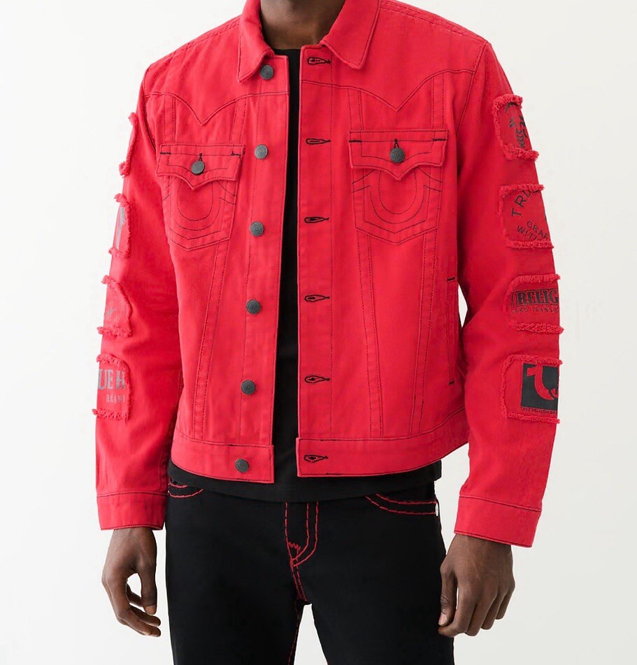 NEW MENS Medium RED TRUE RELIGION JIMMY FRAYED PATCH DENIM JACKET