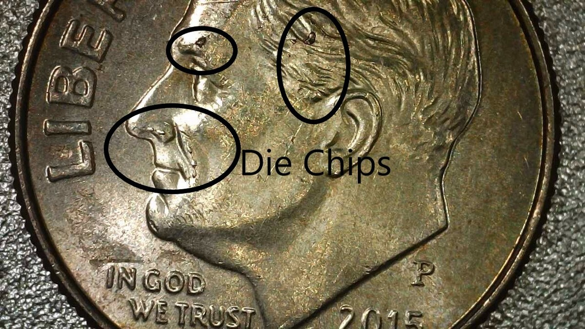2015-P Roosevelt Dime Error Die Chips Hair, Eyebrow, Nose, Torch