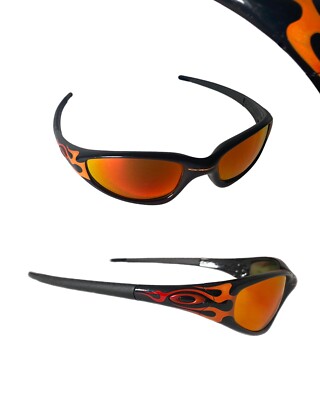 Oakley New Straight Jacket Jet Black Orange Flames w/ Red Iridium