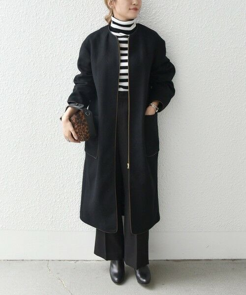 セール】 SHIPS any: ノーカラー パイピング ウールミックス ロング