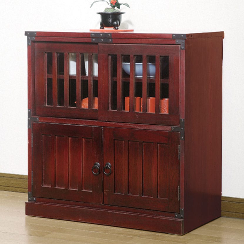 送料無料】 民芸調 水屋 和タンス 収納棚 引き戸 扉付き 和風 天然木