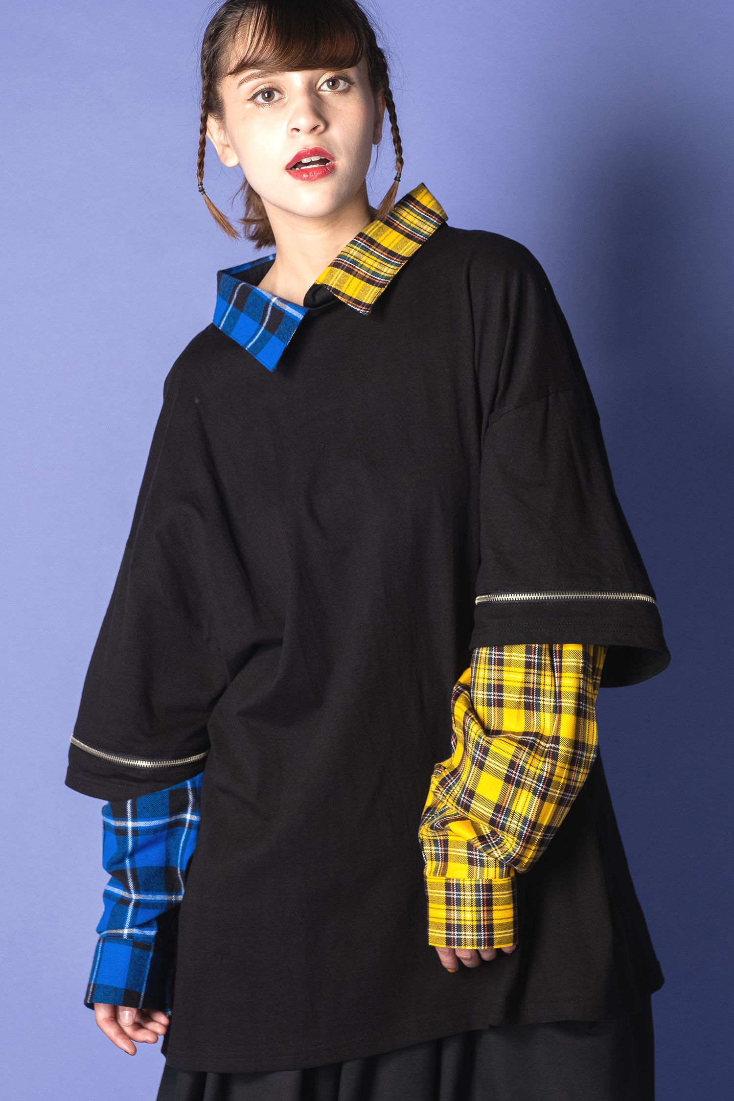 オープンジップフェイクレイヤーアシンメトリーチェック柄シャツカットソー