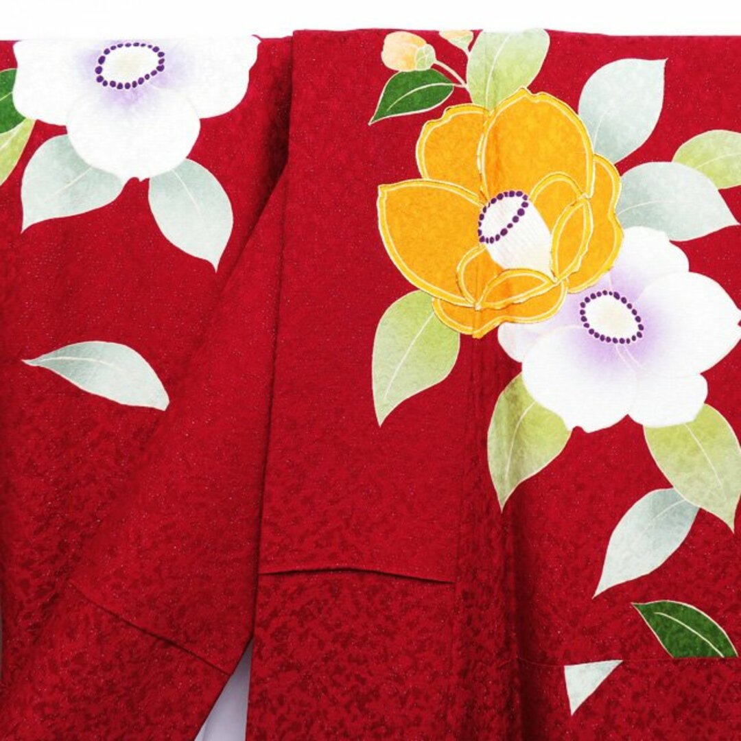 振袖 着物 中古 リサイクル 正絹 袷 金駒刺繍 花模様 椿 銀通し 濃紅色