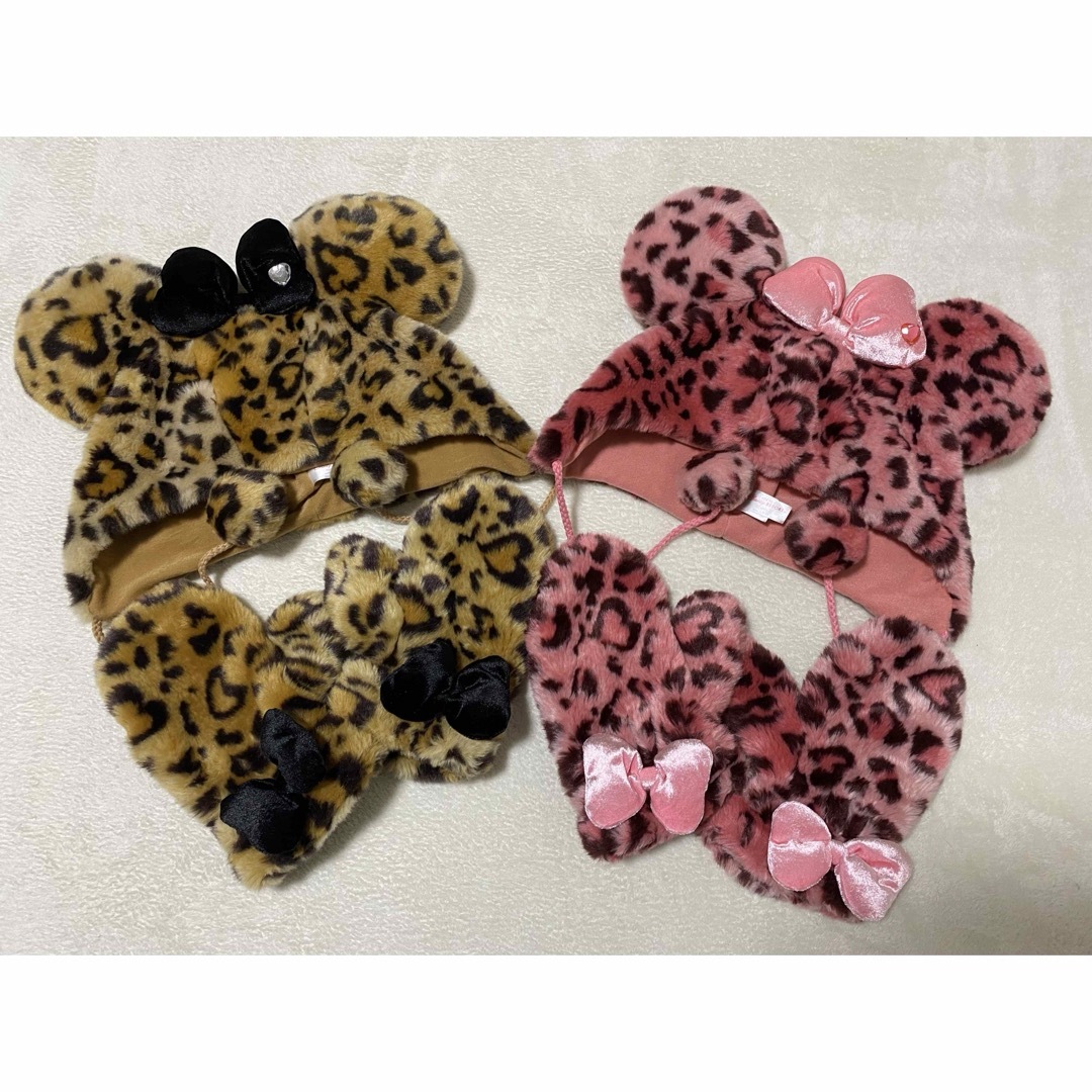 Disney - ディズニー ヒョウ柄 ファンキャップ 手袋 ブラウン ピンク