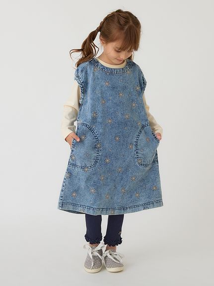 フラワードット刺繍7オンスストレッチデニムワンピース（ノースリ