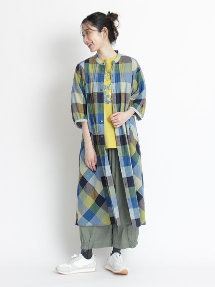 綿麻マルチチェックワンピース(前開き)（シャツワンピース）｜SUPER