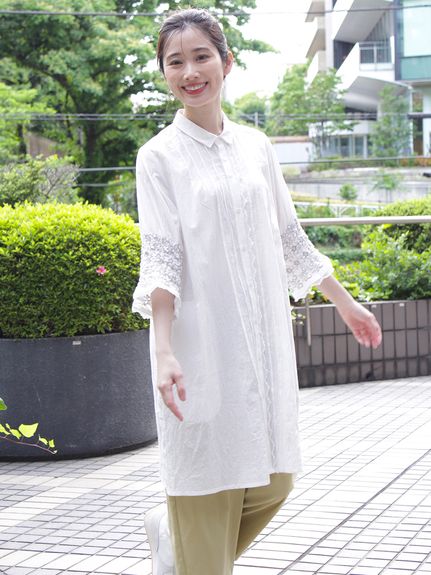 コットンローンワッシャー シャーリングフローラルライン刺繍