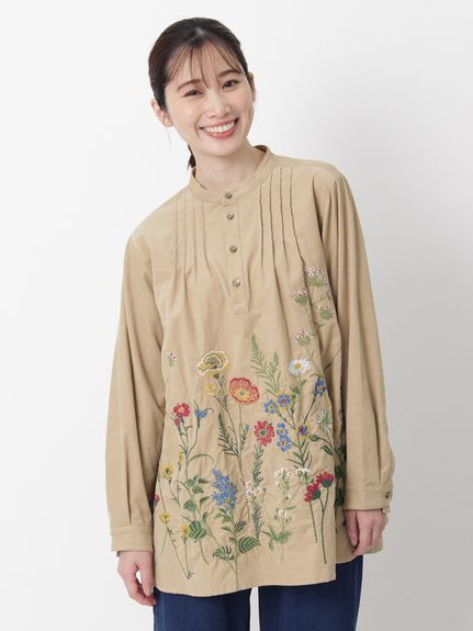 ソフトコーデュロイスタンディングフラワー刺繍チュニックブラウス
