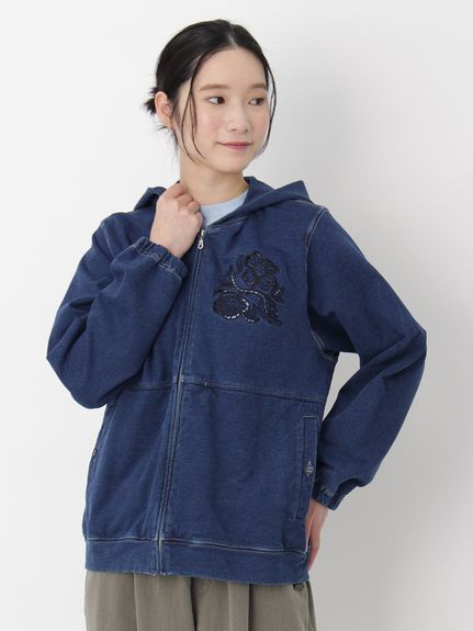 コットンストレッチインレイデニム フラワーボーラー刺繍フーディ