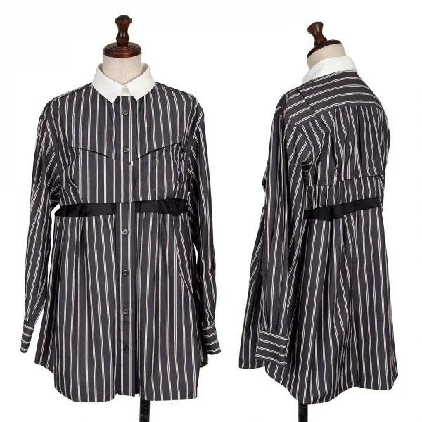 サカイsacai コットンポプリンカッティングストライプシャツ 紺茶白1