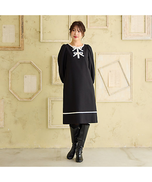 伸縮性◎／イージーケア】配色リボンワンピース（51016504