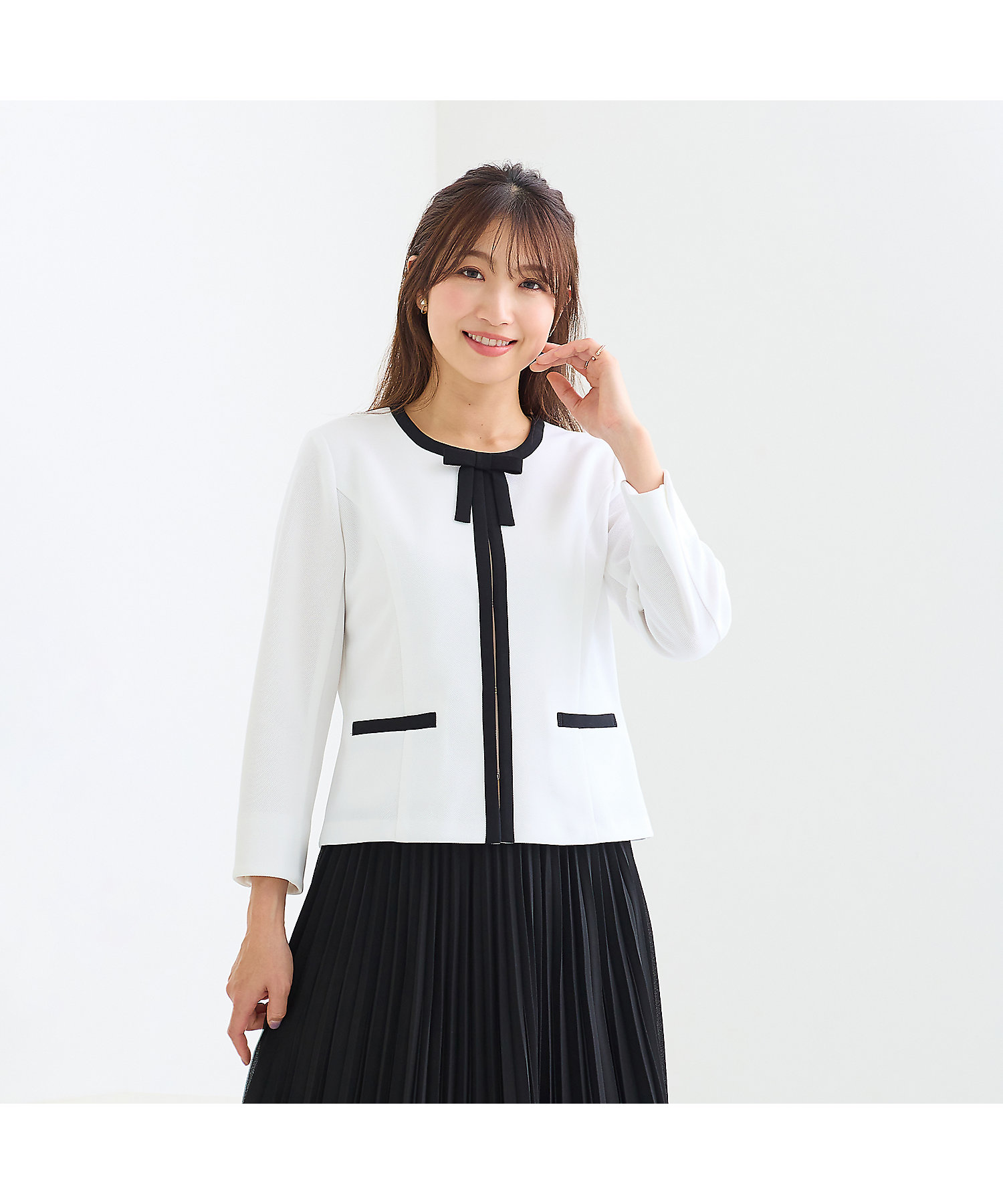 リボンブローチ付】配色ノーカラージャケット（51032602