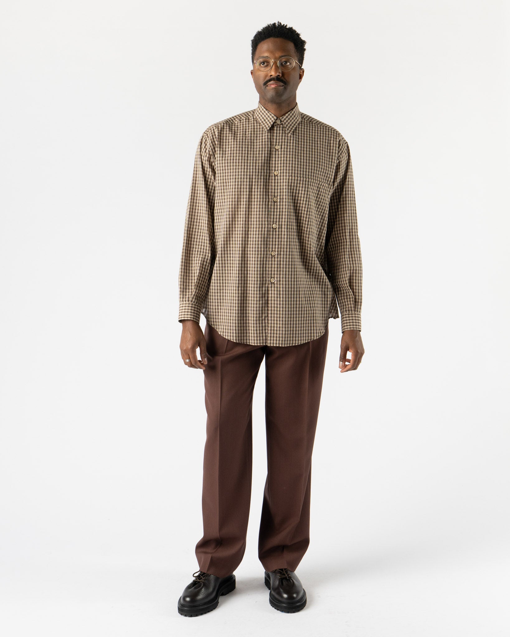 Auralee Airy Light Cotton Check Shirt in Brown Gingham Curated at