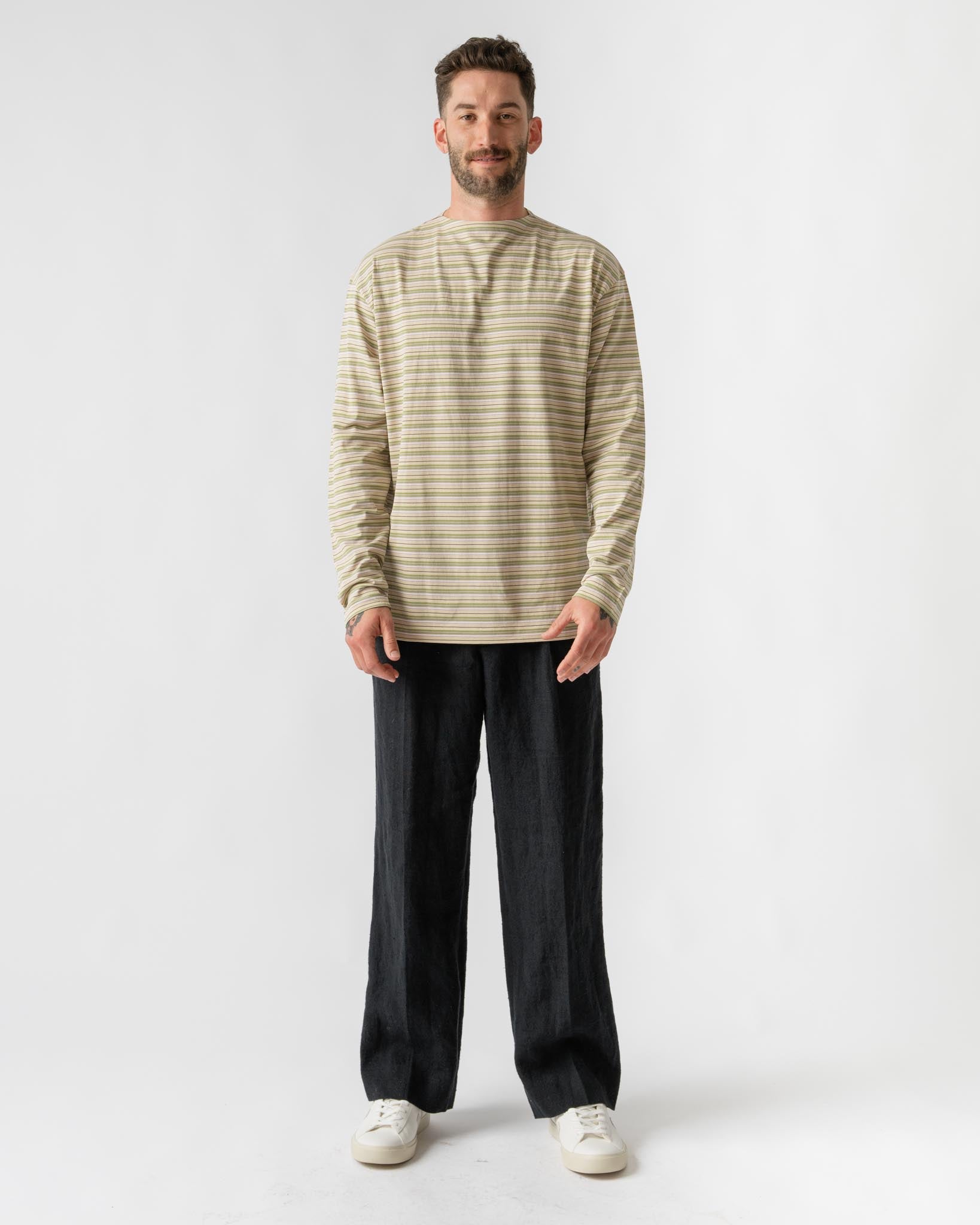 Auralee Hard Twist Cotton Border Boat Neck Long Sleeve Tee in