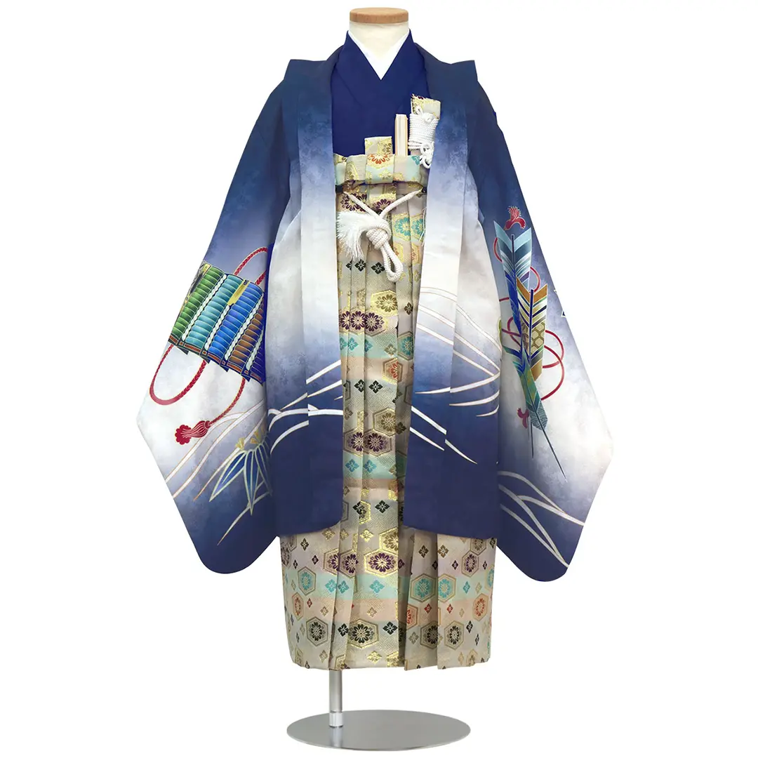 紺地に兜と片輪車文、菊亀甲縞の袴／七五三・五歳男の子・袴 | 宅配