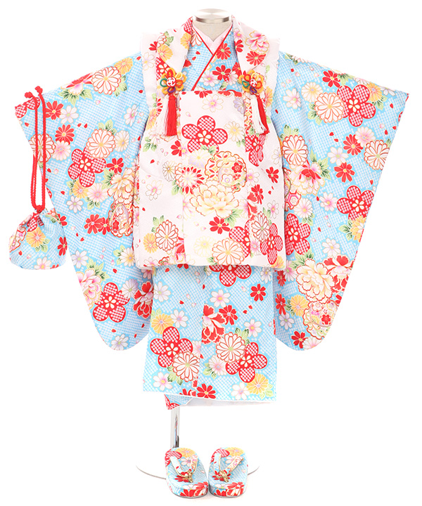601ag32 着物のみ□七五三 三歳 女児 着物&チュール帯 雪輪文□美品