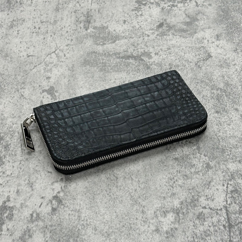 クロコダイル長財布(ヌバック仕上げ) ラウンドファスナー 本革 黒