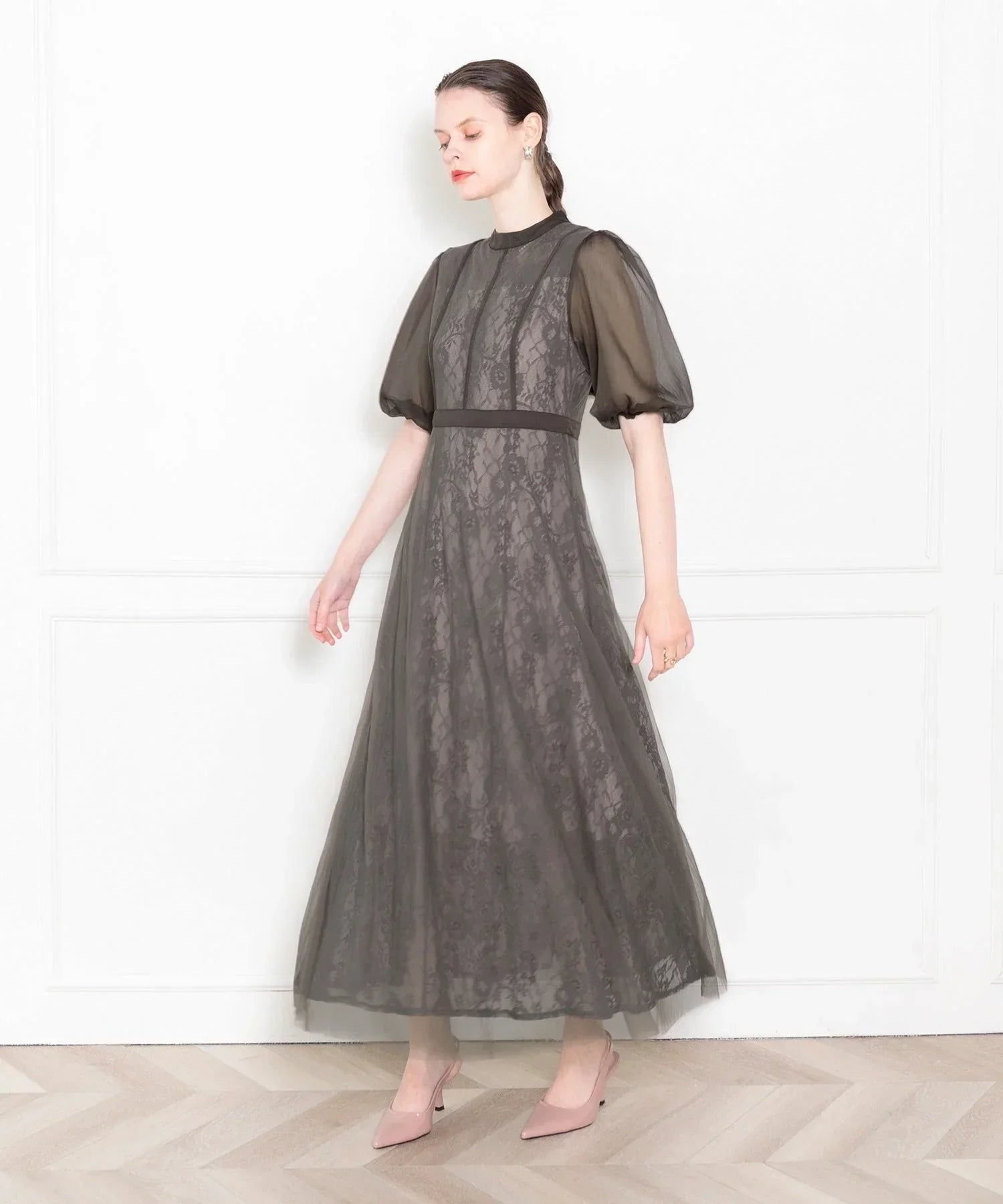 当日発送】ハイウエストチュールレースAラインドレス/パーティードレス