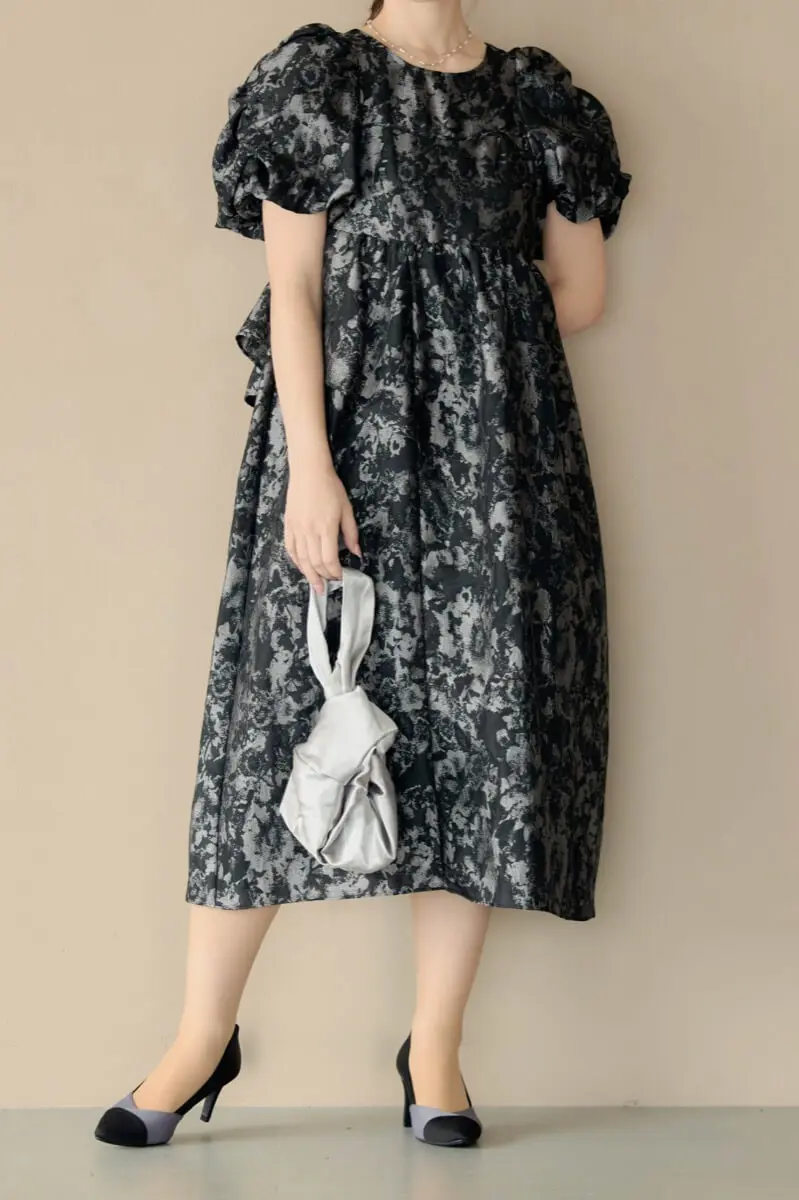 グレーのバブルスリーブジャガードドレス | ANDRESD | L～マタニティ