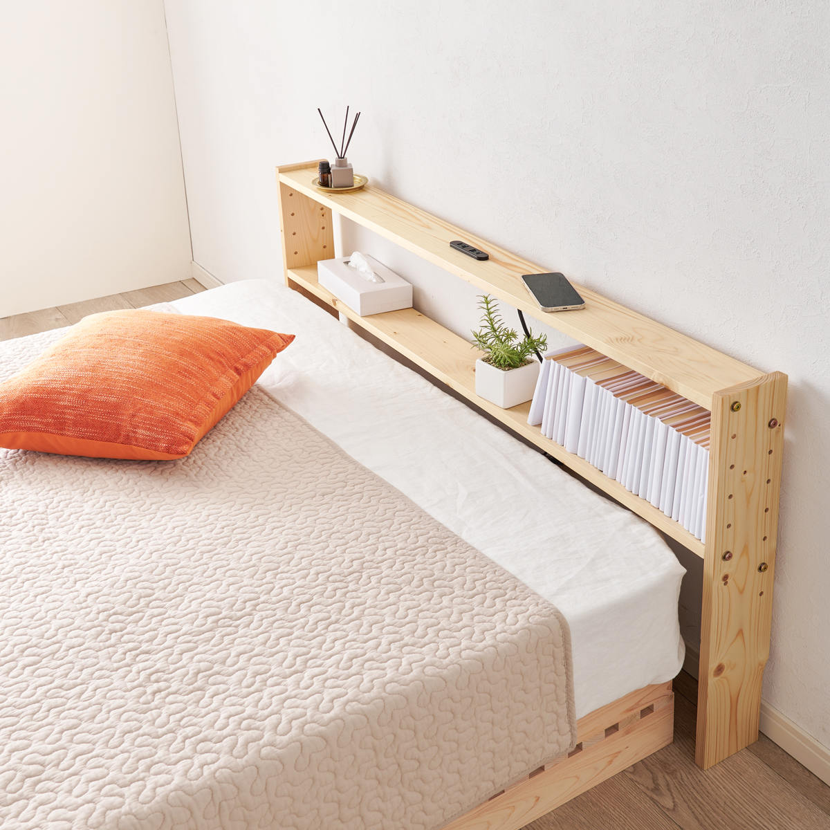 後付けヘッドボード ダブル 2口コンセント 天然木 宮棚 （ ヘッド