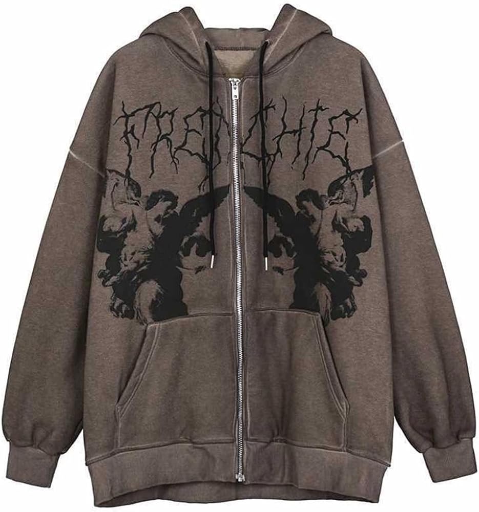 CEINOM Y2K Unisex Vintage Angel Print Hoodies Zip Up Long Sleeve