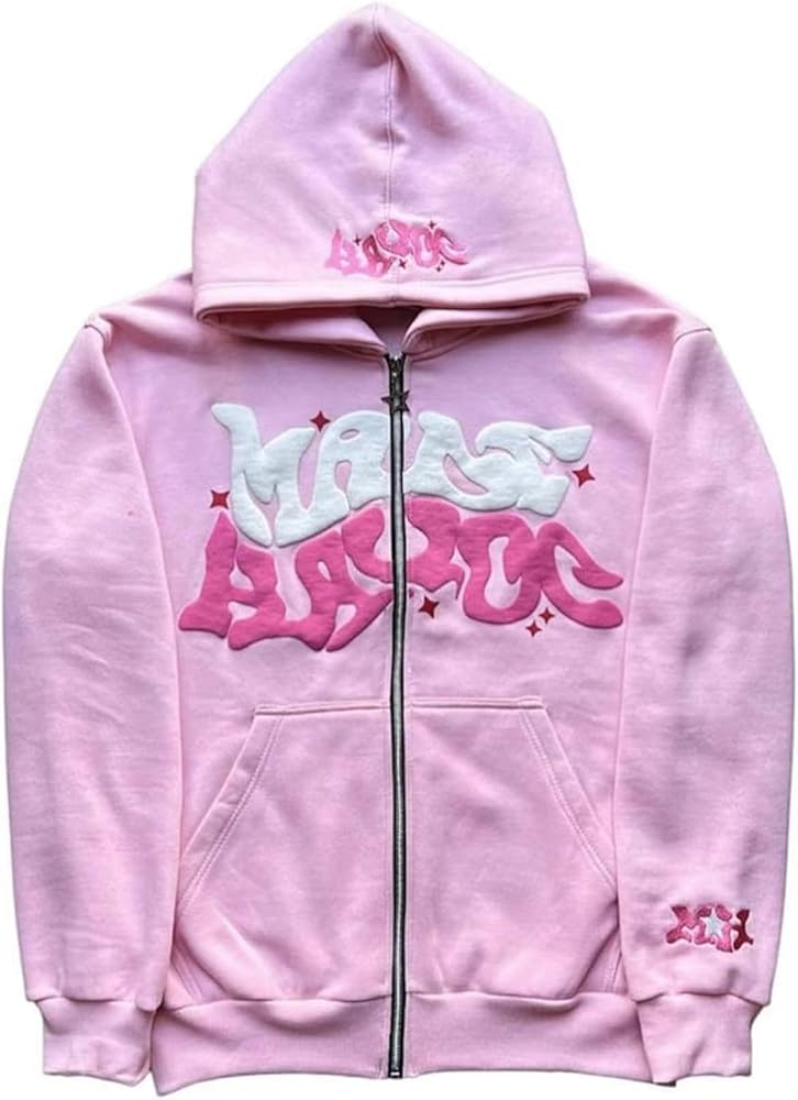 grhaat Y2k Puff Letter Print Zip Up Hoodie Star Sweater Casual