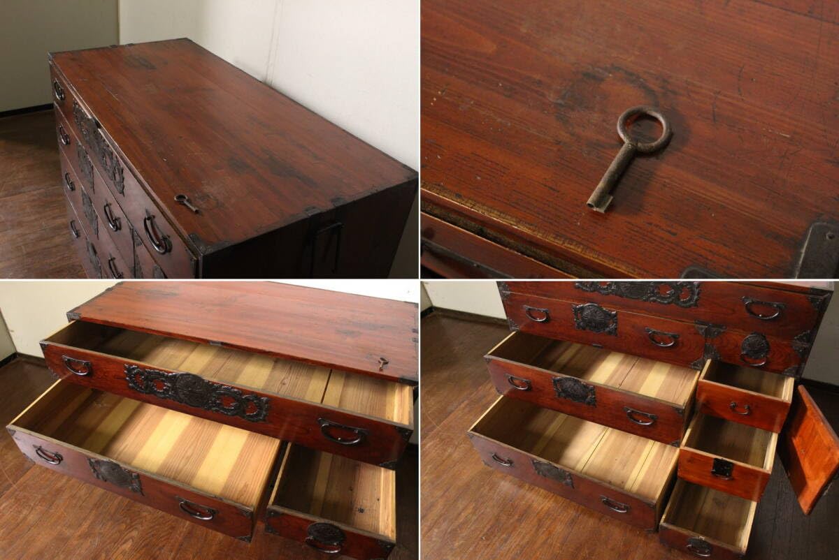 Amazon.co.jp: レトロアンティーク古い前欅の仙台箪笥鍵付時代箪笥和