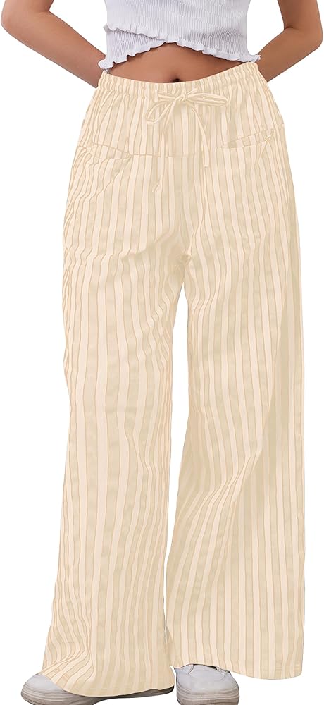 MISSACTIVER Women Drawstring Striped Pants Loose Wide Leg Trousers