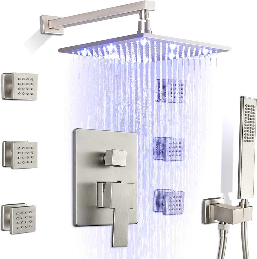 SKOWLL Brushed Nickel Shower System with Body Jets 12 Inch LED