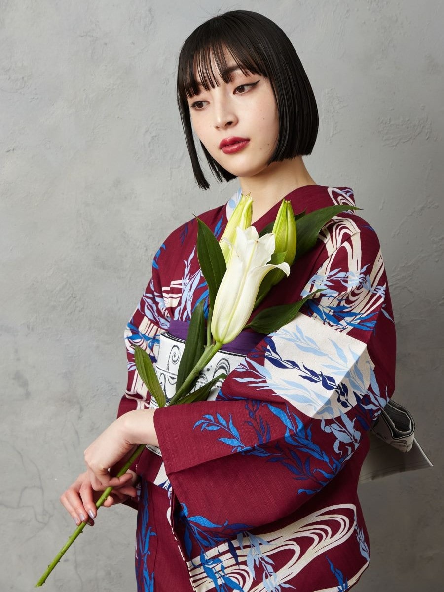 浴衣単品「 NaturalFurifu 月と柳 」(FREE ボルドー): ふりふ ｜ミマツ