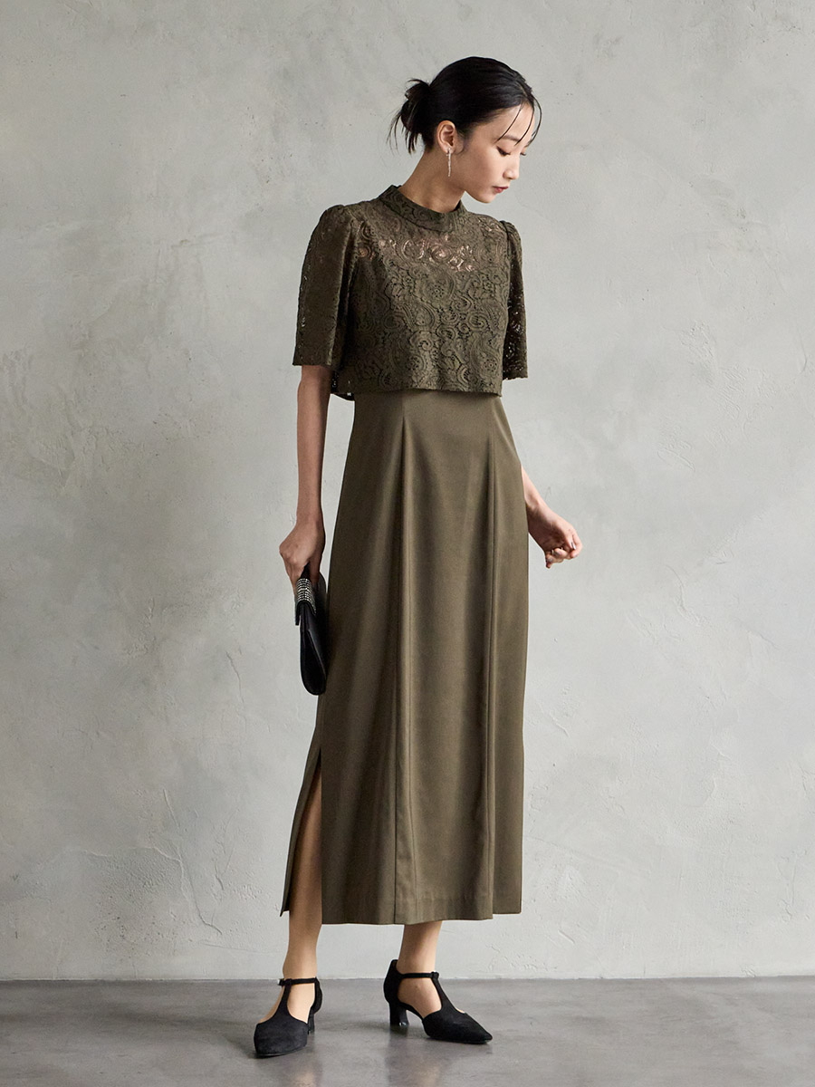 ペイズリー柄ブラウス付両サイドスリットタイトラインドレス(S カーキ