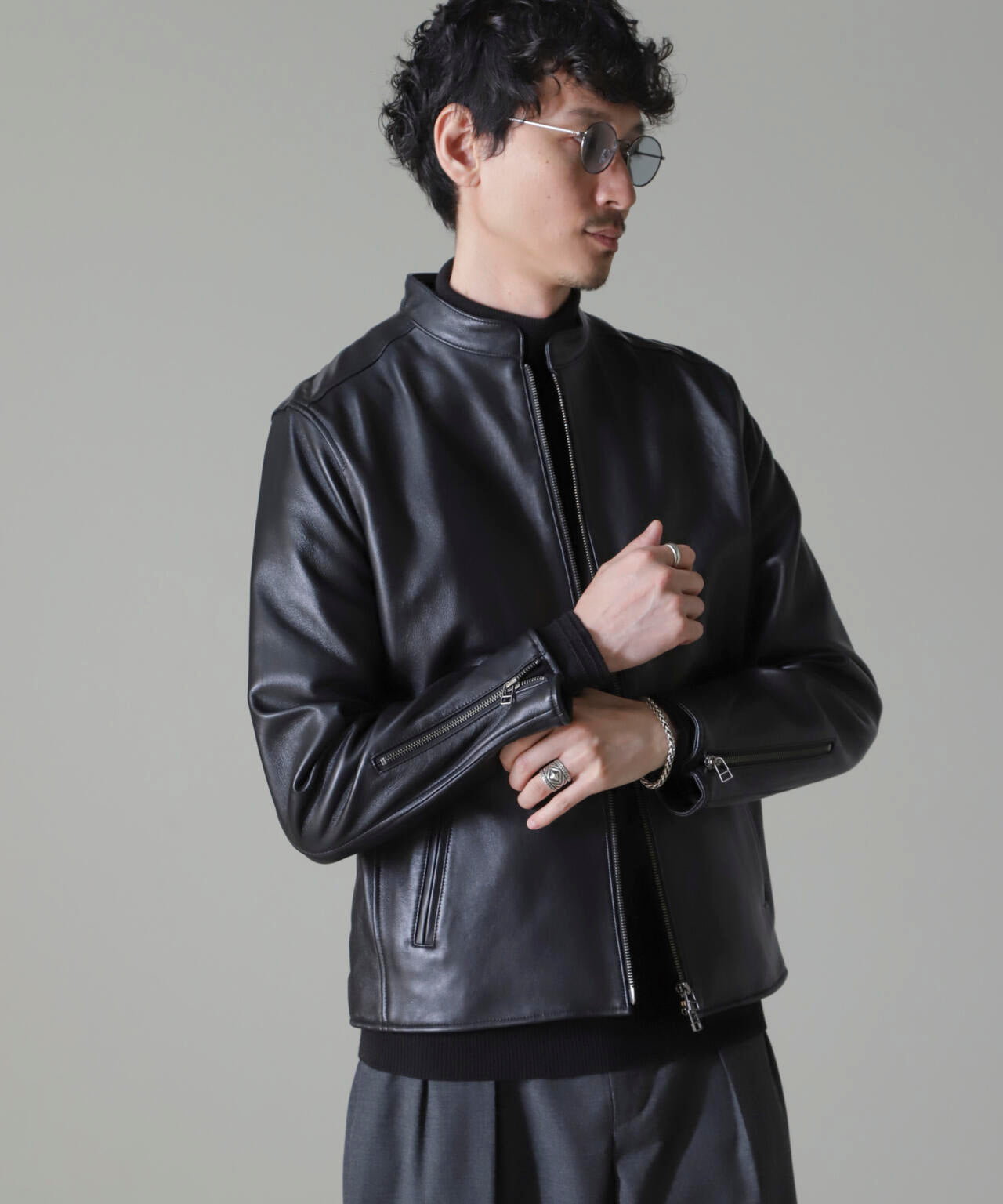 バンドカラーレザーシングルライダースジャケット | NANO universe