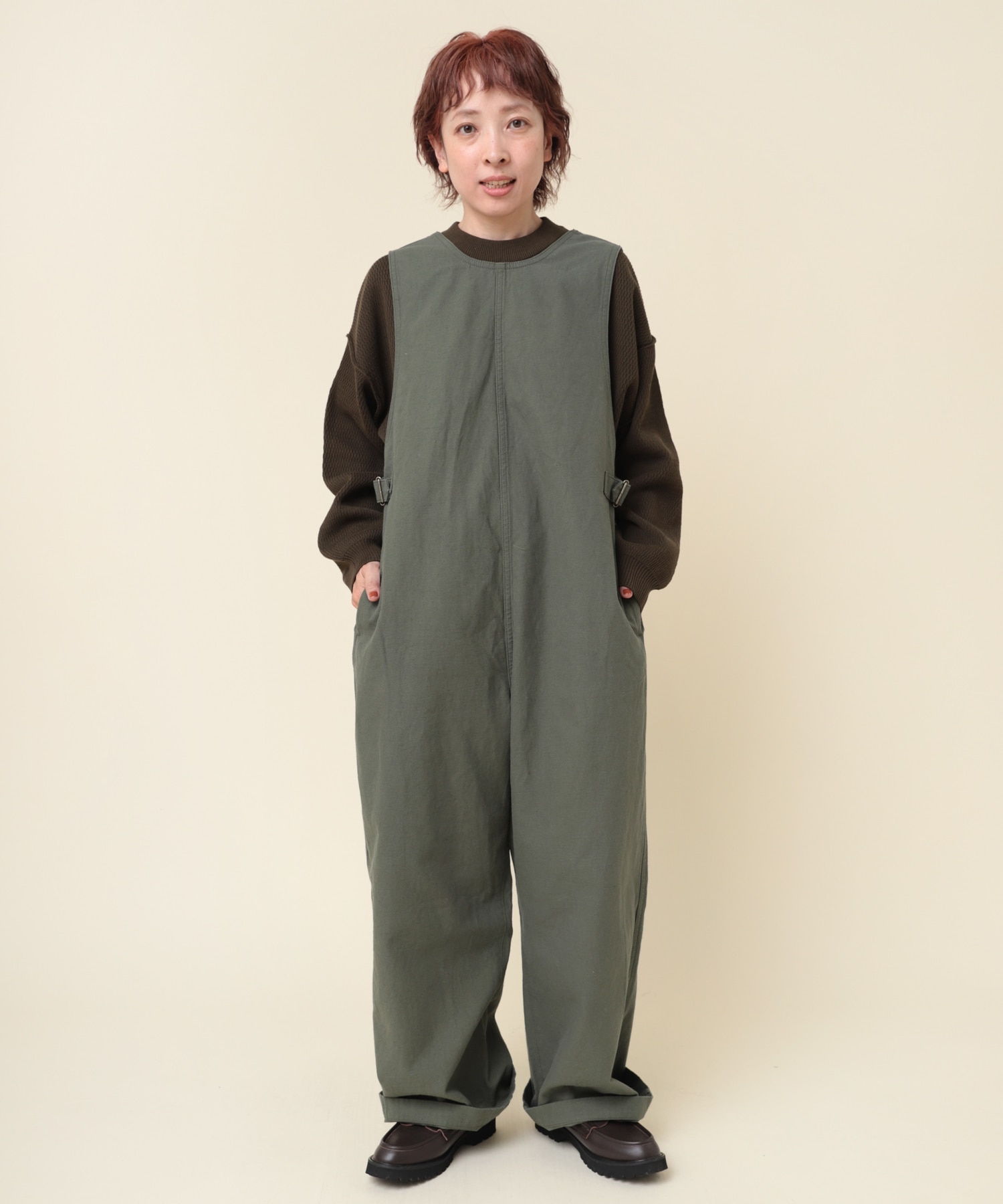 O0711 綿ヘンプワークオーバーオール(M オリーブ): オールインワン