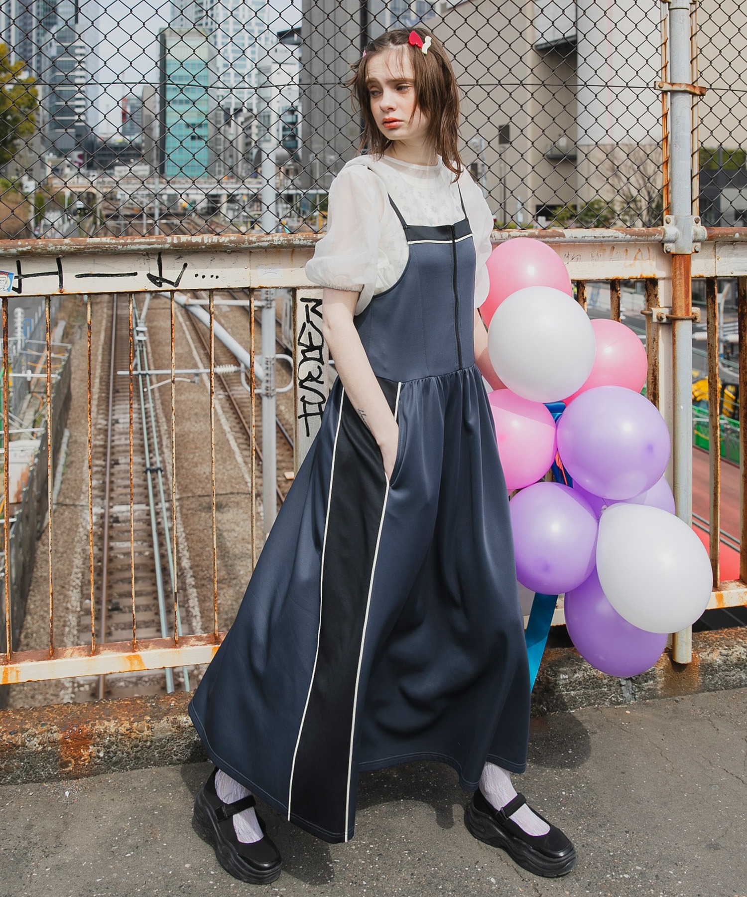 forksy.】ハーフジップ配色トラックジャージキャミワンピース forksy