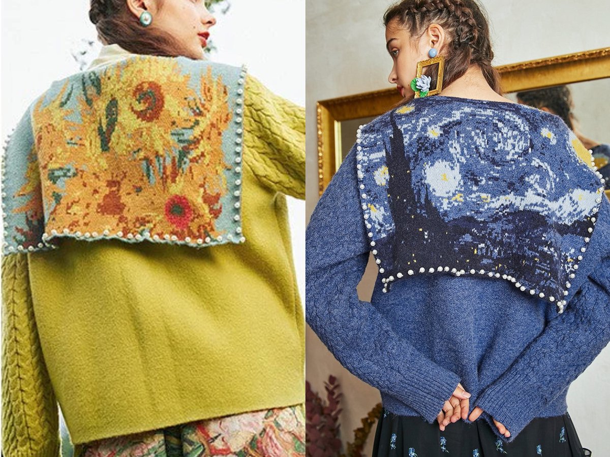 ◇ゴッホの『星月夜』と『花瓶の向日葵』セーラーニットカーディガン