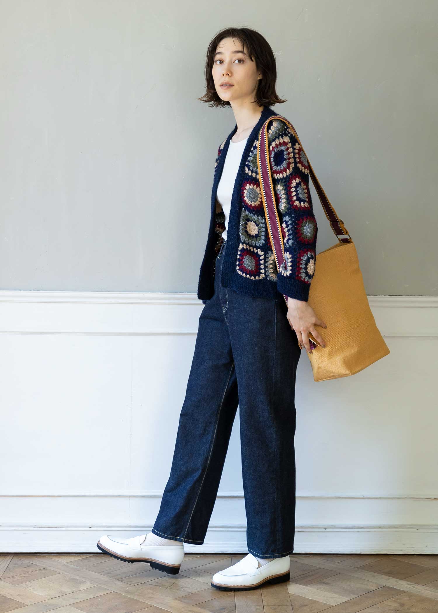 手編みパッチワークニットカーディガン