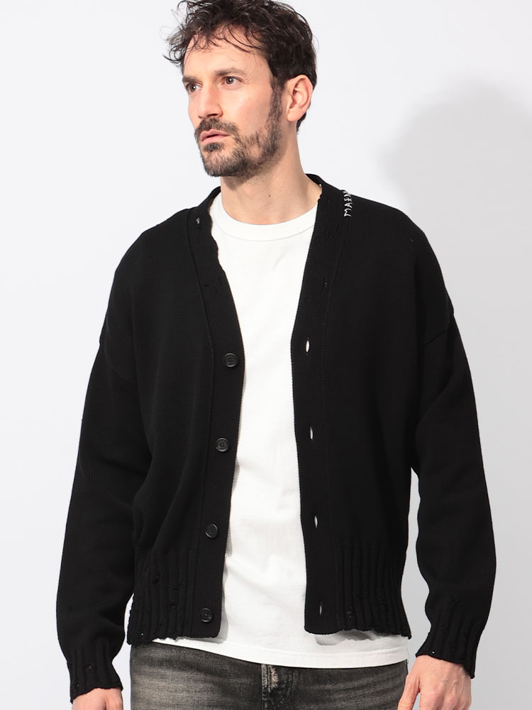 MARNI (マルニ) コットン ダメージ加工 手刺繍ロゴ Vネック