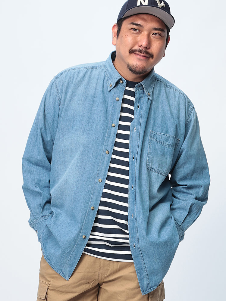 長袖 デニムシャツ 6.5オンス ボタンダウン トップス 無地 ポケット