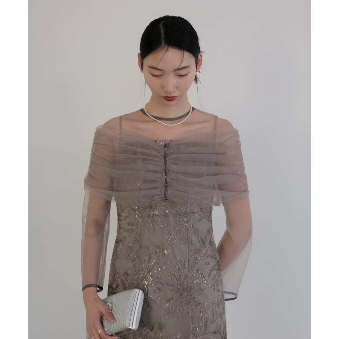 レジャ Leja チュールオフショルダー花柄Iラインドレスワンピース美脚