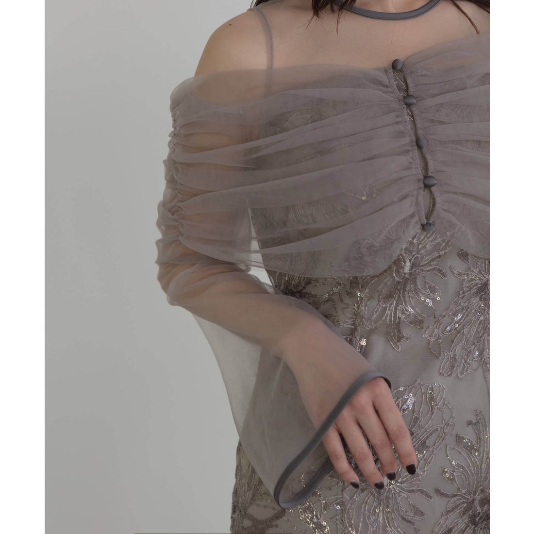 レジャ Leja チュールオフショルダー花柄Iラインドレスワンピース美脚