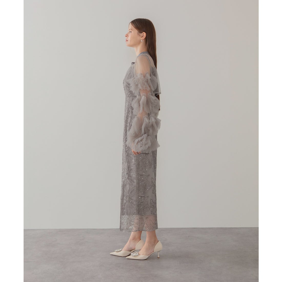 レジャ Leja フリルチュールスリーブリボンIラインワンピースドレス2点