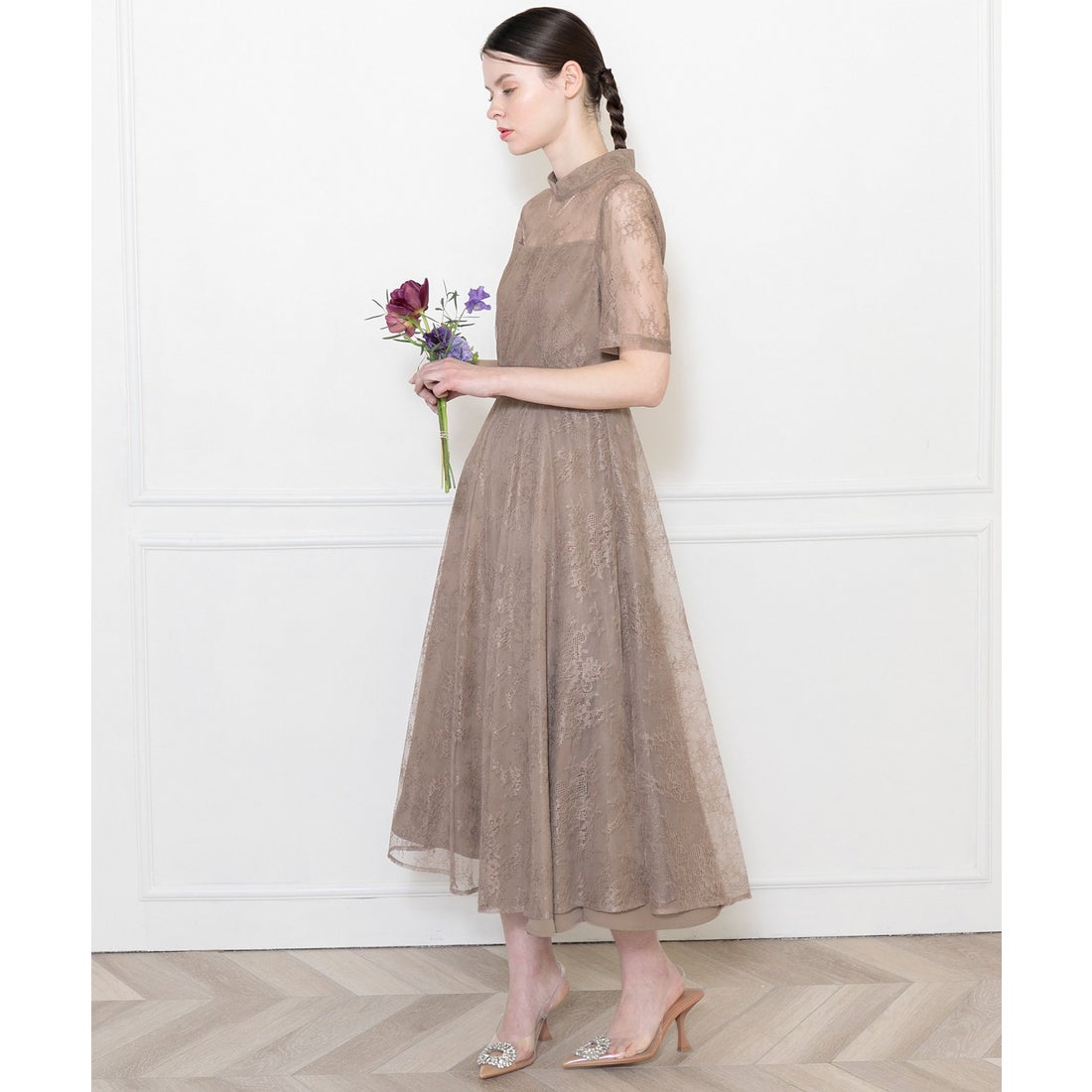 レジャ Leja ハイネック花柄レースウエストマーク透けロングドレス