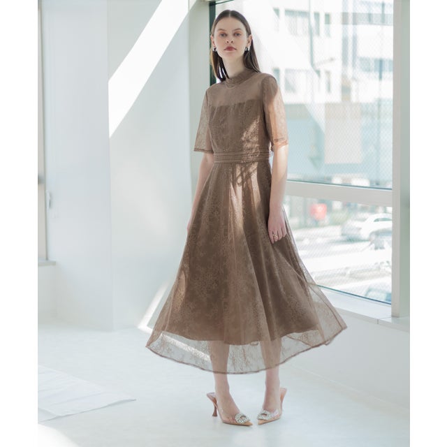 レジャ Leja ハイネック花柄レースウエストマーク透けロングドレス