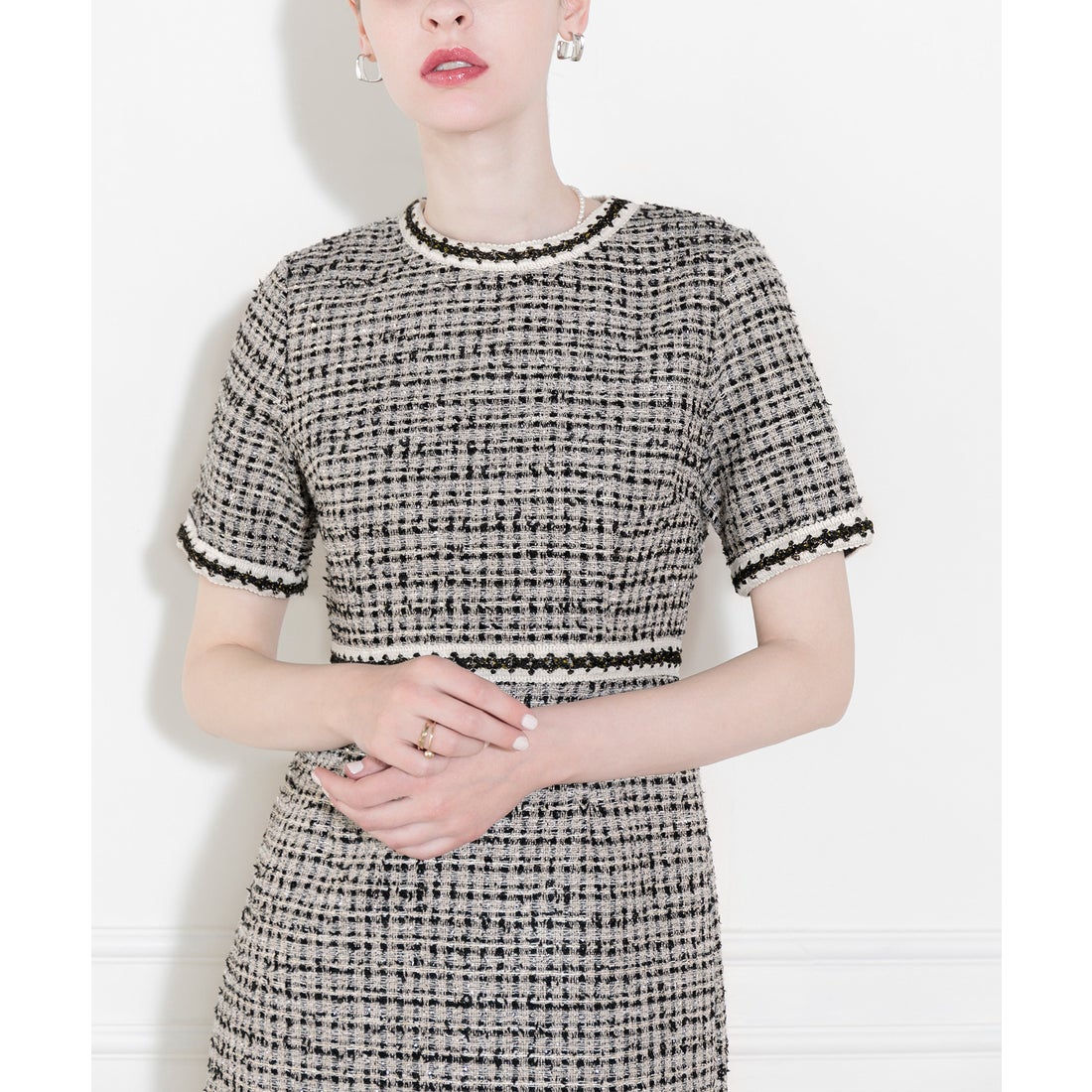 レジャ Leja 美脚効果スリット入りツイード柄ハイウエストワンピース