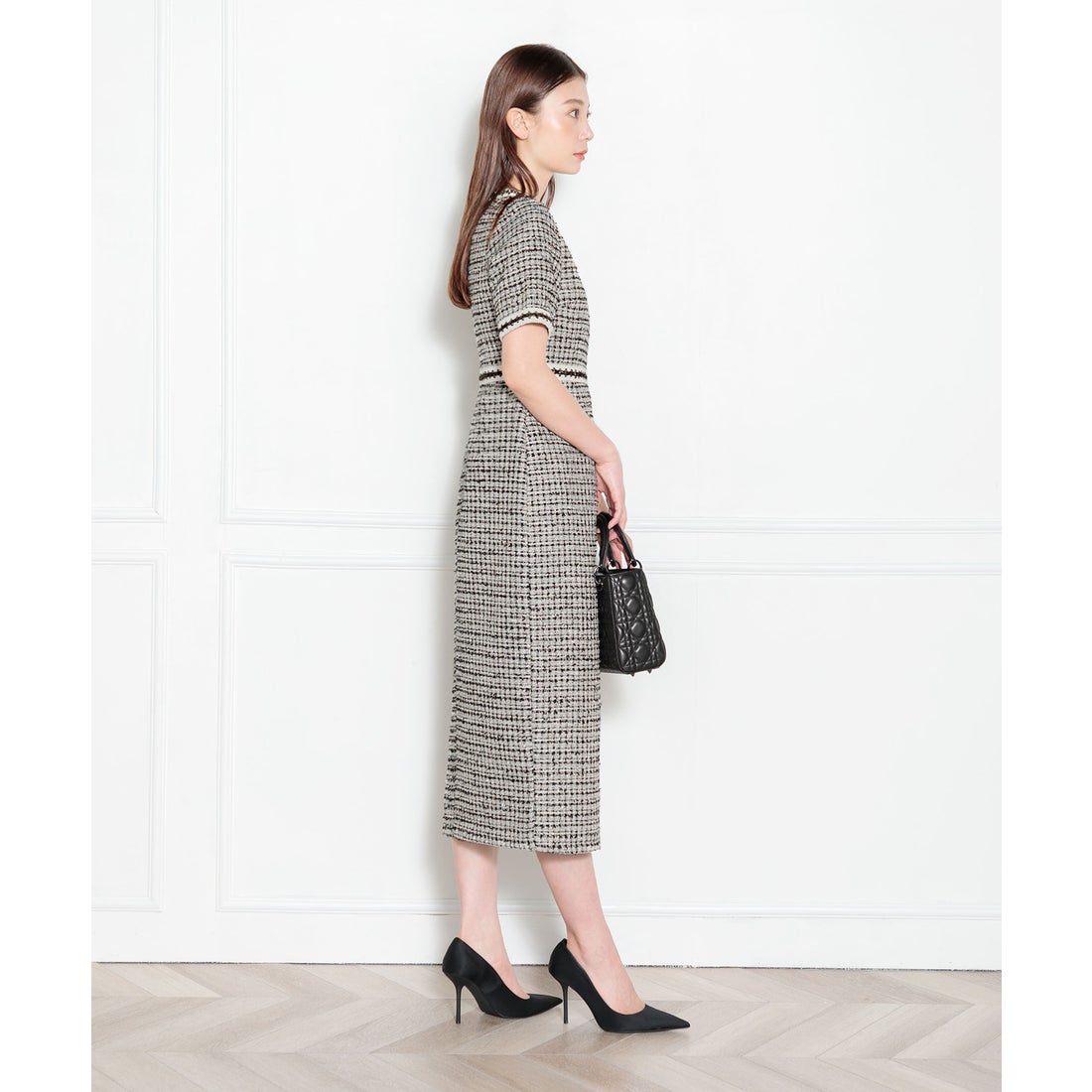 レジャ Leja 美脚効果スリット入りツイード柄ハイウエストワンピース