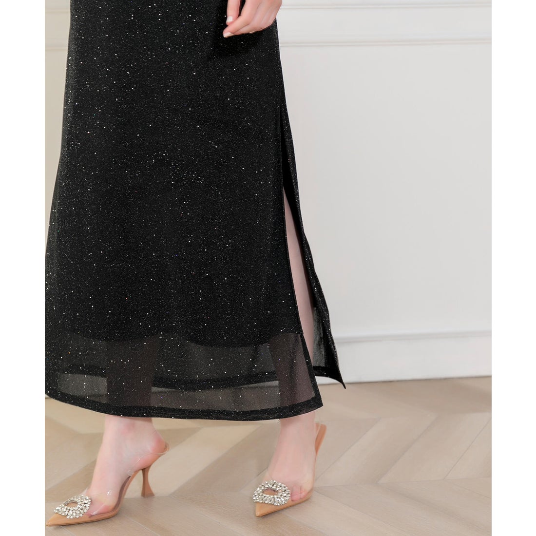 レジャ Leja レースネック透け袖スリットキラキラロングドレス