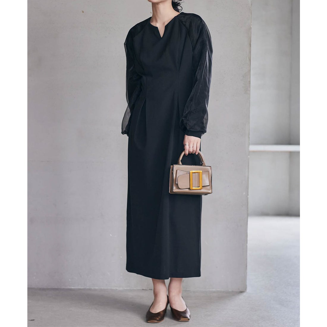 ラナン RANAN 袖チュール重ねワンピース （ブラック） -靴