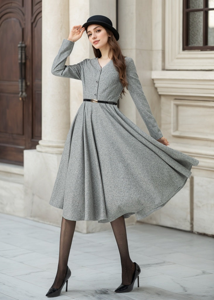 Gray midi wool dress for women 5304 – Xiaolizi